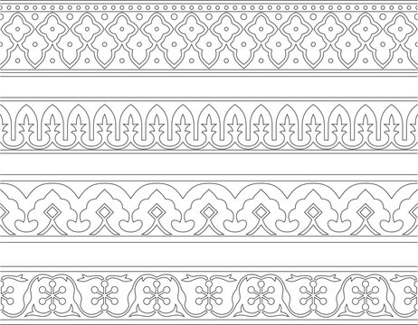 Vector set of endless contour black national Persian ornaments. Seamless frame, border, ethnic pattern of the peoples of Iran, Iraq, Tajikista