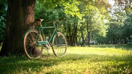 Fototapeta premium A green bicycle leaning against a tree in a park, symbolizing an eco-friendly lifestyle