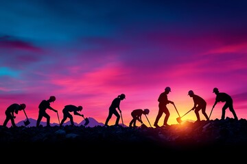 Fototapeta premium A banner featuring silhouettes of workers at different jobs, from construction to healthcare, against a gradient sky at dawn