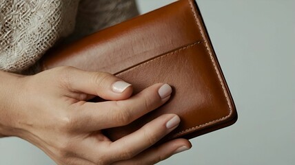  A Close-Up of a Woman's Hand with Cream-Colored Nails Holding a Classic Brown Wallet on Her Hip, Complemented by a Stylish Cotton Long Sleeve T-Shirt