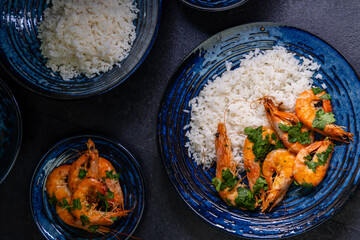 fried shrimp with plain rice on plate