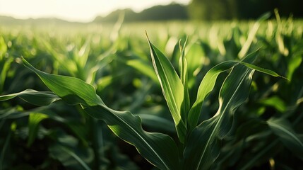 Fototapeta premium A green field of corn growing tall, symbolizing agriculture and the bounty of nature