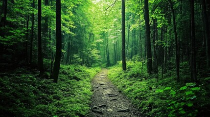 Obraz premium A green forest path with fallen leaves, a peaceful and inviting scene for a walk
