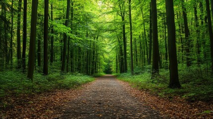 Obraz premium A green forest path with fallen leaves, a peaceful and inviting scene for a walk