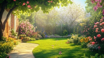 Obraz premium A green forest path with fallen leaves, a peaceful and inviting scene for a walk