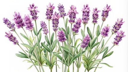 Delicate purple lavender flowers with soft petals and stems, beautifully illustrated in watercolor style, isolated on a clean white background, perfect for prints and designs.