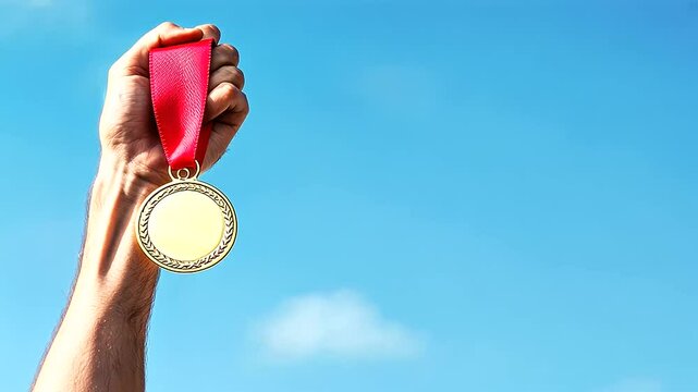 A victorious hand rises triumphantly, holding a gold medal on the ribbon high against a backdrop of clear blue sky, symbolizing achievement and success