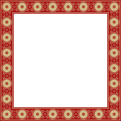 Vector square gold with red ancient Russian ornament. Slavic rectangle, border, frame. Painting of the royal chambers