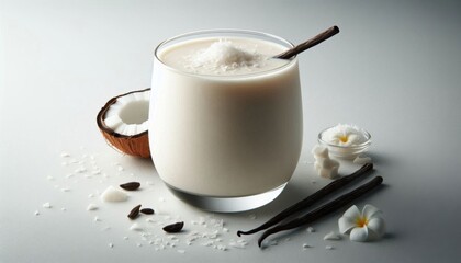 a vanilla bean coconut yogurt smoothie on a solid white background.