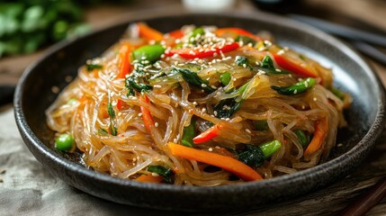 A serving of Korean japchae on a rustic plate with vibrant vegetables, leaving room on the side for text.