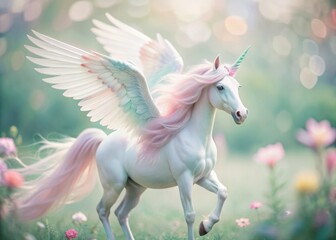 Whimsical watercolor illustration of a sweet unicorn with pastel hues, delicate wings, and a flowing mane, set against a soft, dreamy white background.