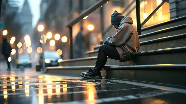 A homeless woman sits alone and forlorn on a stairway in the wet city streets, her face illuminated by the dim streetlights, with rain-soaked pavement reflecting the somber mood of her isolation