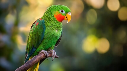 A green parrot flying through a tropical forest, vibrant and full of life, a burst of color