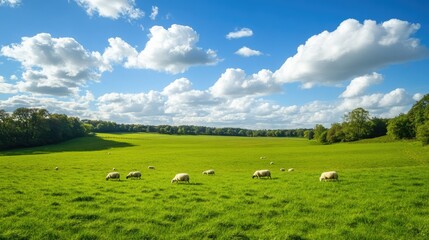 Fototapeta premium A green pasture with sheep grazing, a peaceful rural scene under a bright blue sky