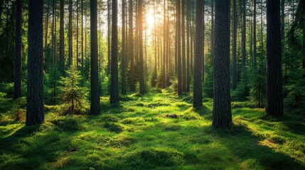 Naklejka premium A green pine forest with tall trees reaching towards the sky, peaceful and majestic