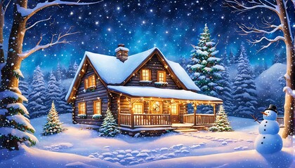 Naklejka premium Snowman-adorned Christmas house nestled amidst a serene forest