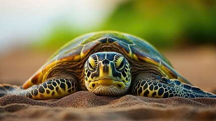 Obraz premium A green turtle resting on a sandy beach, symbolizing nature's resilience and beauty