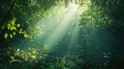 Obraz premium A lush green forest with sunlight filtering through the leaves, creating a serene and peaceful atmosphere