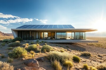 Obraz premium A modern solar-powered home stands in the desert. Its sleek lines and large windows reflect sustainable living. Perfect for eco-friendly designs. Generative AI