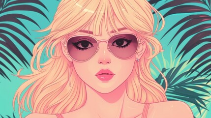Fototapeta premium A stylish woman with blonde hair and sunglasses, surrounded by tropical leaves
