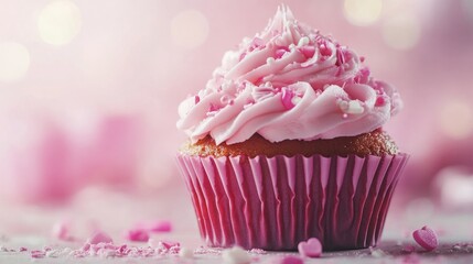 A pink cupcake with delicate decorations, ready for a sweet celebration