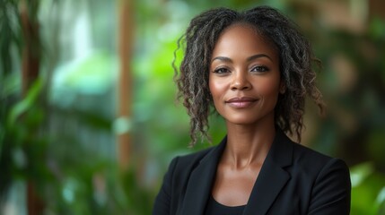 In a contemporary indoor space filled with vibrant plants, a mature woman exudes confidence and poise. Her warm demeanor and elegant attire reflect her life experience and strength