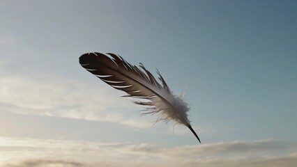 A single feather drifts gently through a serene sky, showcasing its fragile beauty in the midst of a calm and peaceful atmosphere, evoking a sense of tranquility