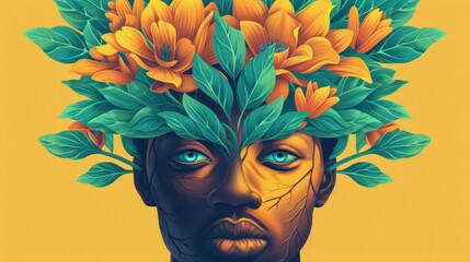 A vibrant portrait of a man adorned with floral and leafy decorations, blending nature and humanity in a stunning visual display.
