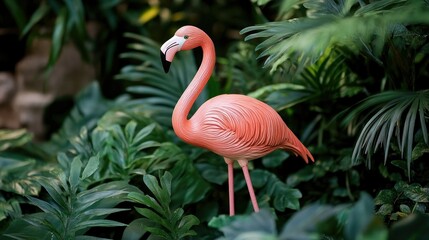 Fototapeta premium A pink flamingo garden statue among green foliage, symbolizing tropical elegance