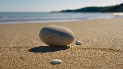 Obraz premium A smooth, rounded pebble is positioned on a stretch of soft sand, illuminated by the gentle morning light with waves softly lapping in the background, copy space
