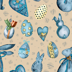 Seamless pattern with Easter motif assembled from watercolor components.