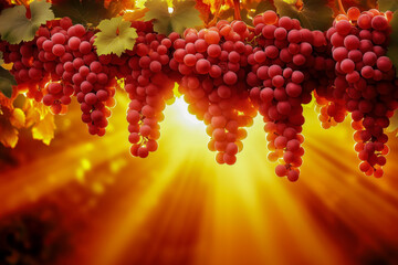 Red Grapes Hanging in Vineyard with Sun Rays