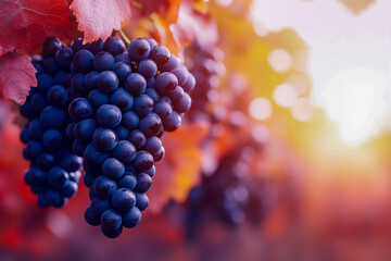 Blue Grapes in Vineyard with Soft Focus Background