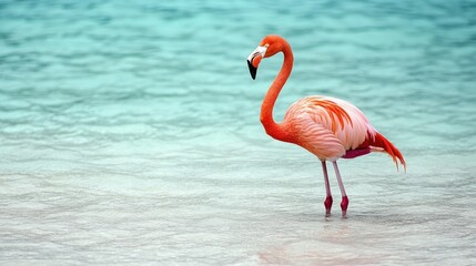 A pink flamingo standing in shallow water, symbolizing tropical beauty and serenity