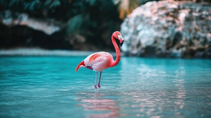 A pink flamingo standing in shallow water, symbolizing tropical beauty and serenity