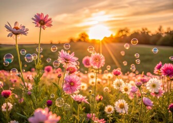 Fototapeta premium Vibrant pink flowers bloom in a serene summer meadow under a clear blue sky with iridescent soap bubbles floating and shimmering amidst a warm peach sunset glow.