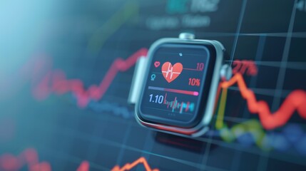 Fototapeta premium Close-up of a smartwatch displaying health metrics and a heartbeat graph against a colorful data background.