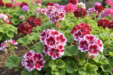 Vibrant geraniums in shades of pink, red, and white bloom together in a lush garden setting, creating a lively and cheerful summer floral display.