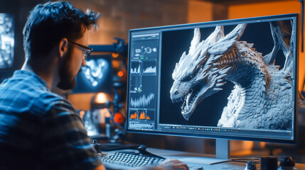 3d designer creating a dragon model using professional software for a fantasy movie project