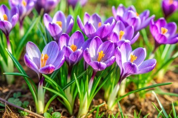 Vibrant purple snow crocus and tommie crocus flowers burst forth from the earth amidst lush green grass in a serene natural springtime landscape.
