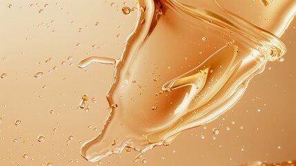 Fototapeta premium Close-up of a liquid with a golden hue, possibly a type of oil or syrup, with bubbles and a dynamic flow pattern