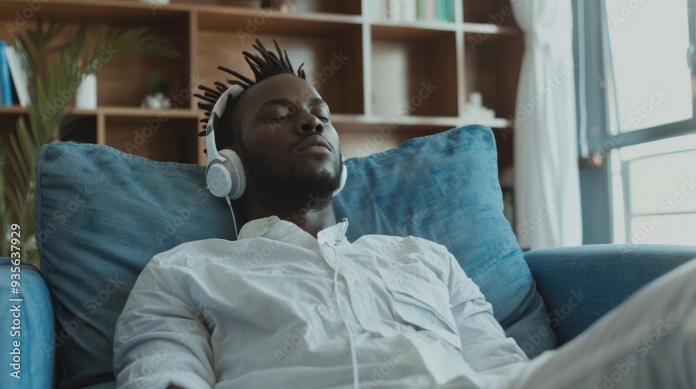 Aufkleber in a tranquil setting, a person enjoys deep relaxation while listening to music, fully immersed in t