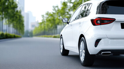 A sleek white car driving on a smooth road surrounded by trees, symbolizing urban travel and eco-friendly transportation.