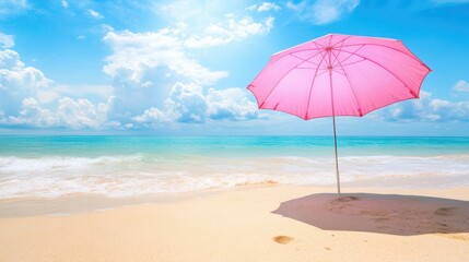 A pink parasol providing shade on a sunny day, symbolizing relaxation and comfort