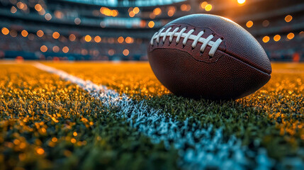 American football is resting on a field with stadium lights at sunset