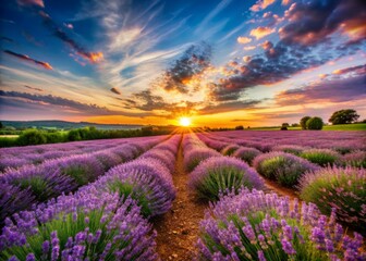 Fototapeta premium Serene landscape of blooming lavender fields stretching towards the horizon, with vibrant purple flowers contrasting against warm orange and pink hues of a breathtaking sunset.