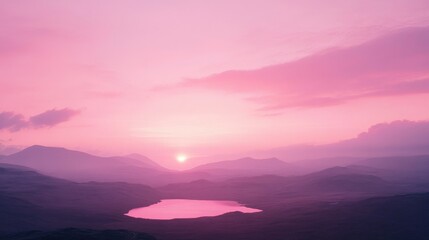 A pink pastel sky at dawn, casting a soft light over the landscape