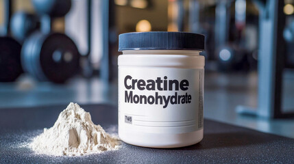 Creatine monohydrate powder and supplement container sitting on a black mat in a gym setting