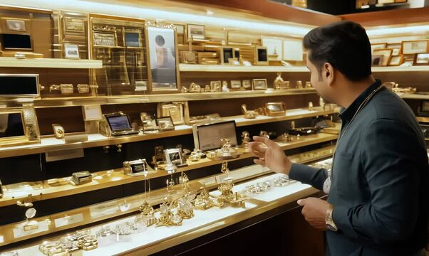 Friendly Pawnbroker Showcasing Valuable Items in a Pawn Shop