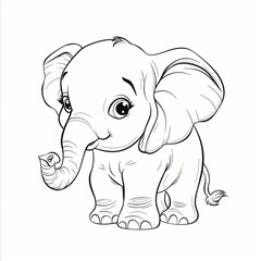Adorable baby elephant with large eyes and raised trunk. Black and white line art illustration. Cute animal character design for coloring book. Generative AI
